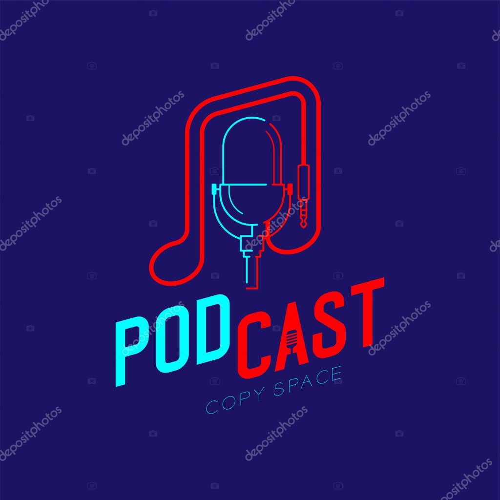 Retro Microphone logo icon outline stroke with music note cable dash line design, podcast internet radio program concept illustration isolated on dark blue background with PODCAST text, vector