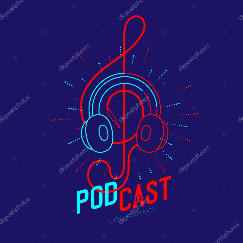 Headphone logo icon outline stroke with music note Treble Clef shape from cable dash line, Podcast internet radio program online concept illustration isolated on blue background with PODCAST text
