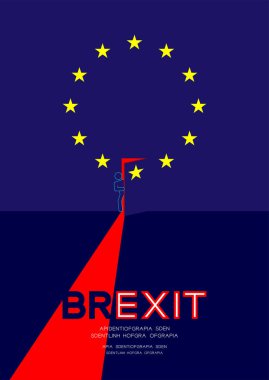 Adam pictogram ve soru işareti izometrik Avrupa Birliği (Ab) bayrak deseni, Brexit konsept tasarım illüstrasyon alanı ile mavi arka plan izole kapıyı açın
