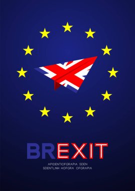 Avrupa Birliği (Avrupa Birliği) bayrağı ile kağıt uçak birleşik krallık bayrak deseni, Brexit konsept tasarım illüstrasyon kopya alanı ile mavi arka plan izole, vektör eps 10