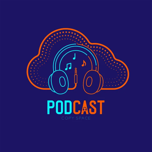 Піктограма логотипу навушників контурний інсульт з дизайном кабельної лінії кабелю хмарної форми, інтернет-радіопрограма Podcast онлайн концепція ілюстрація ізольована на темно-синьому фоні з текстом PodCAST, вектор — стоковий вектор