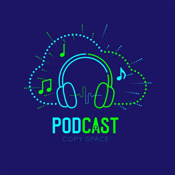 Hoofdtelefoon logo icoon outline slag met wolk vorm frame dash line design, Podcast internet radio programma online concept illustratie geïsoleerd op donkerblauwe achtergrond met Podcast tekst, vector — Stockvector