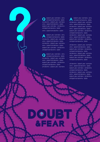 Man pictogram and question mark open the door to dark room with shadow thorn vine, Doubt and Fear Psychology problem concept poster and banner design illustration on blue background, with space — Stock Vector