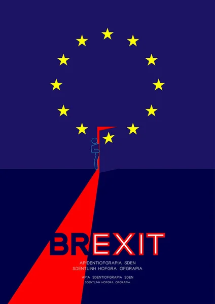 Pictograma de homem e ponto de interrogação abrem a porta no padrão de bandeira isométrica da União Europeia (UE), ilustração de design de conceito Brexit isolada em fundo azul com espaço — Vetor de Stock