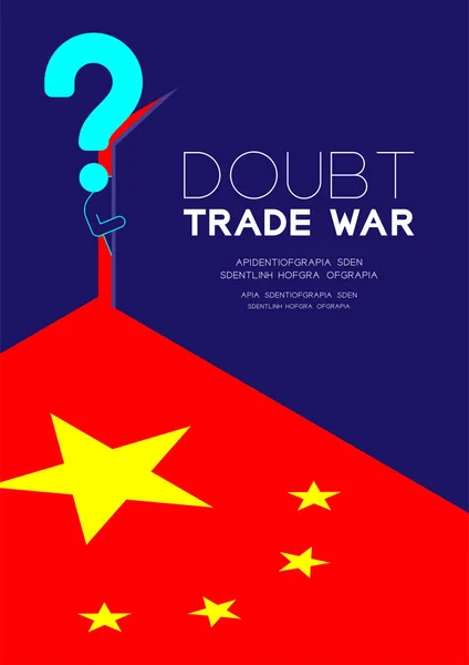 Adam pictogram ve soru işareti izometrik Çin bayrak deseni ile karanlık oda için kapıyı açmak, Şüphe Ticaret savaş ve vergi krizi kavram tasarımı illüstrasyon uzay, vektör ile mavi arka plan izole — Stok Vektör