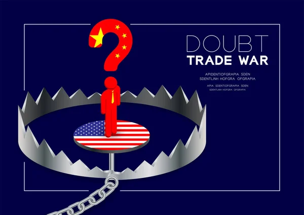 Adam pictogram ve soru işareti Çin bayrağı izometrik Trap Amerika bayrağı, Şüphe Ticaret savaş ve vergi krizi kavramı tasarım illüstrasyon uzay ile mavi arka plan izole ayakta, vektör eps 10 — Stok Vektör
