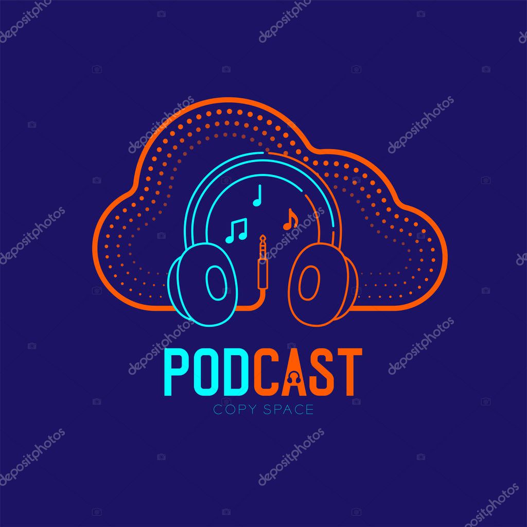 Headphone logo icon outline stroke with cloud shape frame cable dash line design, Podcast internet radio program online concept illustration isolated on dark blue background with PODCAST text, vector