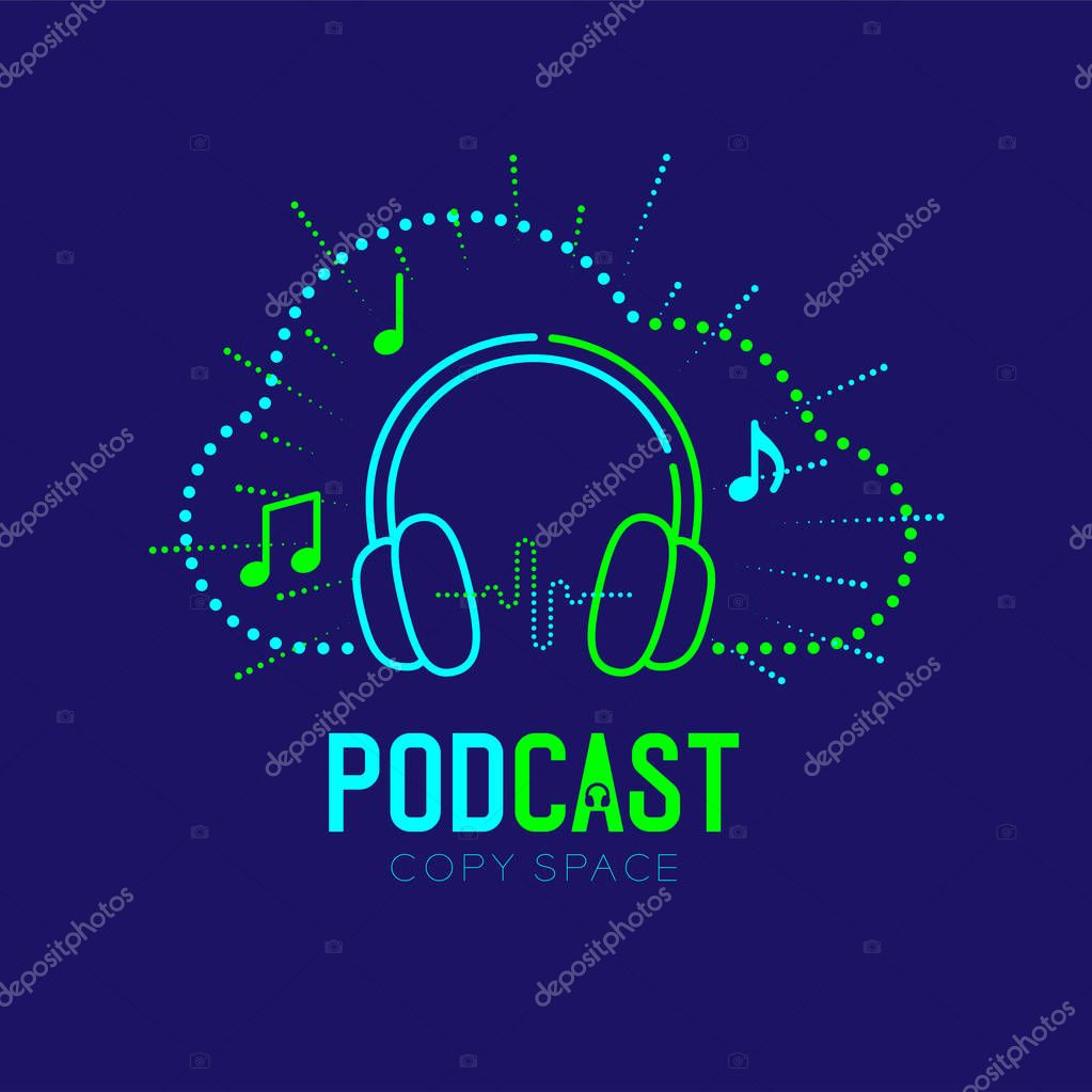 Headphone logo icon outline stroke with cloud shape frame dash line design, Podcast internet radio program online concept illustration isolated on dark blue background with PODCAST text, vector