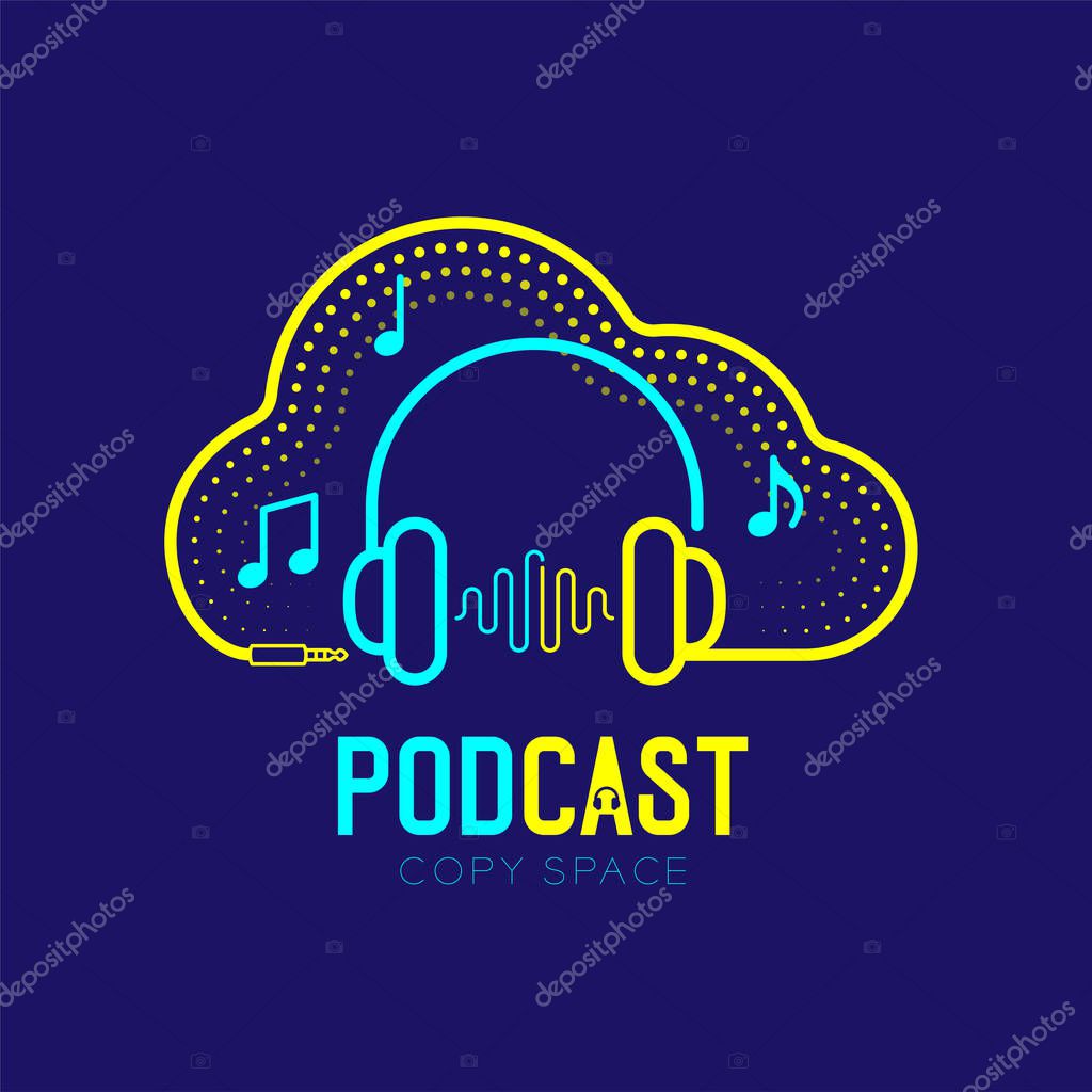 Headphone logo icon outline stroke with cloud shape frame cable dash line design, Podcast internet radio program online concept illustration isolated on dark blue background with PODCAST text, vector