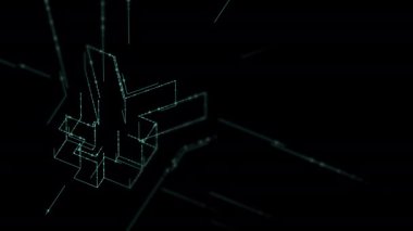 Döviz Jpy (Japon Yeni) izometrik sembol parçacık hattı aydınlatma çerçevesi yapısı desen tel çerçeve fütüristik, Siyah arka plan animasyon 4k dijital para kriptopara kavramı