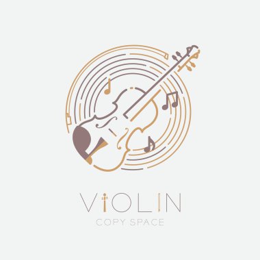 Keman, yay, hat personel daire şekli logo simgesi anahat vuruş seti çizgi çizgi tasarım illüstrasyon keman metin ve kopyalama alanı ile gri arka plan izole ile müzik nota