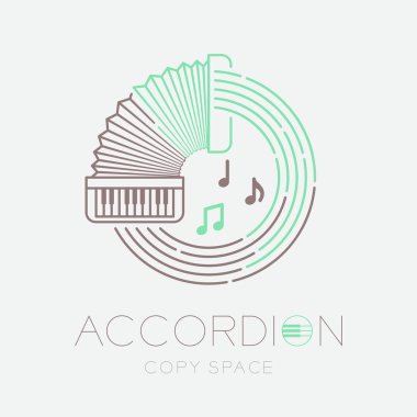 Akordeon, çizgi personel daire şekli logo simgesi anahat kontur seti çizgi çizgi tasarım illüstrasyon klavye metin ve kopyalama alanı ile gri arka plan yalıtılmış ile müzik notu
