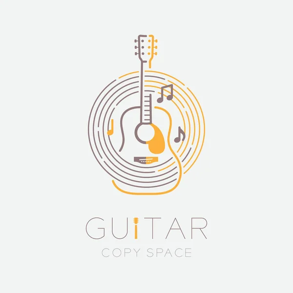 Acoustic guitar, music note with line staff circle shape logo icon outline stroke set dash line design illustration isolated on grey background with guitar text and copy space — Stock Vector