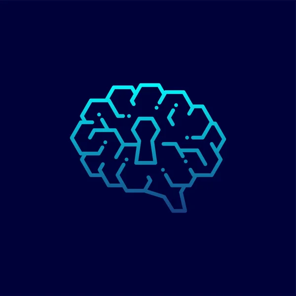 Icono del logotipo del cerebro lateral con el símbolo de ojo de cerradura, Secretos de la mente concepto de diseño ilustración gradientes azules color aislado sobre fondo azul oscuro con espacio de copia, vector eps 10 — Archivo Imágenes Vectoriales