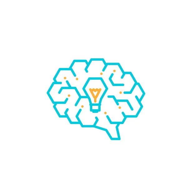 Side Brain logo ikon med glödlampa symbol, kreativ idé koncept redigerbar stroke design illustration blå och orange färg isolerad på vit bakgrund med kopierings utrymme, vektor EPS 10 — Stock vektor