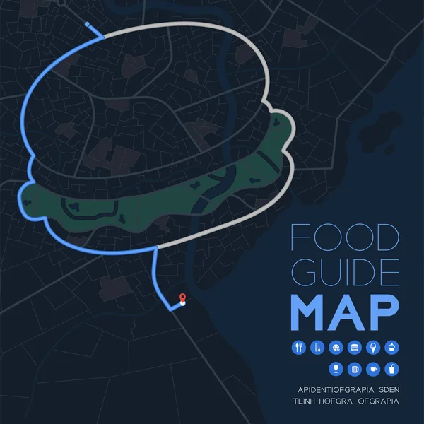 Guía de alimentos dirección mapa viaje con concepto de icono, diseño de forma de hamburguesa de carretera en modo nocturno ilustración aislada sobre fondo gris con espacio de copia, vector eps 10 — Vector de stock