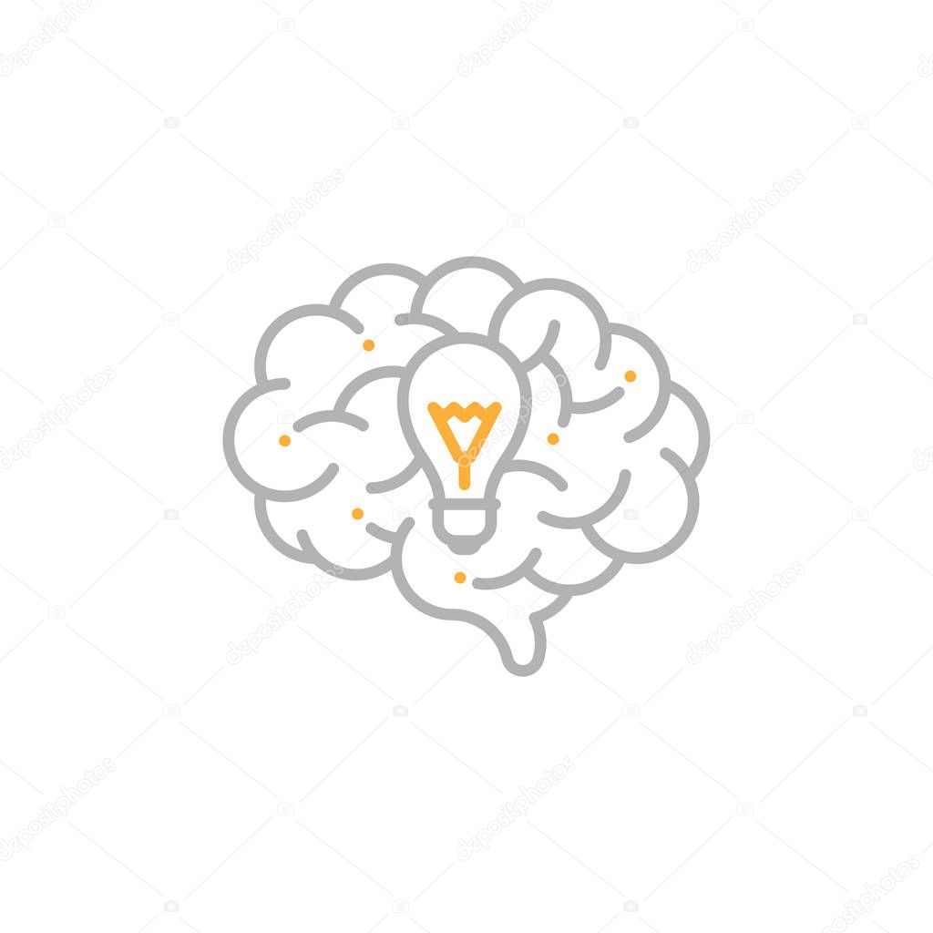 Side Brain logo icon with Incandescent light bulb symbol, Creative idea concept editable stroke design illustration grey and orange color isolated on white background with copy space, vector eps 10