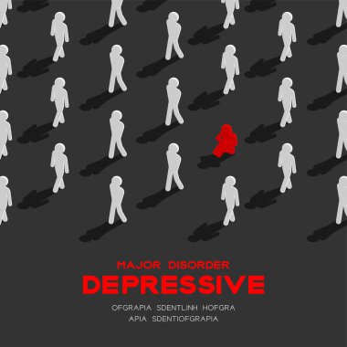 Depresyon (majör depresif bozukluk, Mdd) adam piktogram 3d izometrik desen, Tıbbi hastalık kavram afişi ve afiş kare tasarım illüstrasyon kopya alanı ile gri arka plan üzerinde izole, vektör