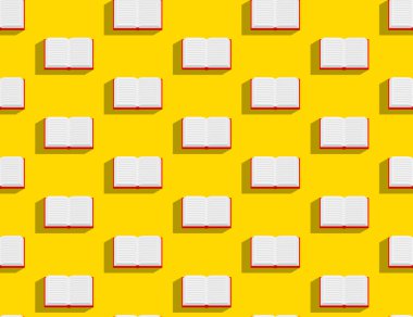 Kitap veya Notebook 3d izometrik dikişsiz desen, Eğitim kırtasiye konsept afiş ve afiş dikey tasarım illüstrasyon kopya alanı ile sarı arka plan izole, vektör eps 10