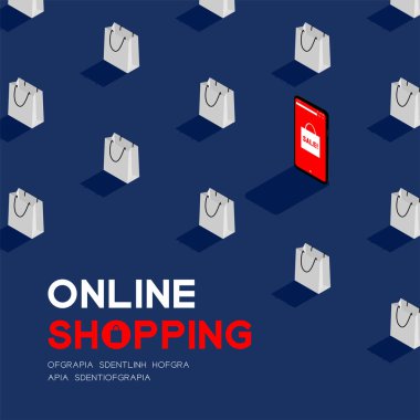 Alışveriş çantası 3d izometrik desen ile akıllı telefon online alışveriş, Satış promosyon konsept afiş ve afiş kare tasarım illüstrasyon kopya alanı ile mavi arka plan izole, vektör eps 10