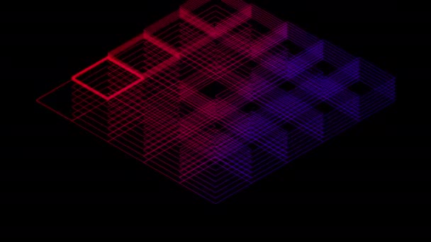 Éclairage carré isométrique virtuel 3D de ligne abstraite en mouvement, conception de concept de transfert de données numériques de réseau de technologie Blockchain, rayonnant sur l'animation de fond noir 4K 