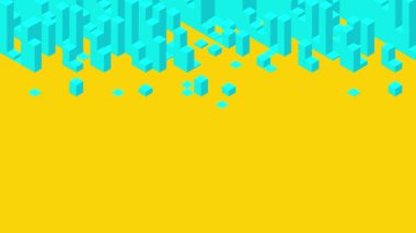 Küp kutu kare çubuk 3d sanal izometrik shuffle dalga deseni, Blockchain teknolojisi konsept tasarım illüstrasyon sarı arka plan animasyon 4k mavi renk, kopya alanı ile 