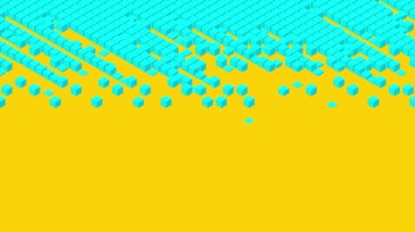 Küp kutusu 3d sanal izometrik dalga deseni, Blockchain teknolojisi konsept tasarım illüstrasyon sarı arka plan dikişsiz döngü animasyon 4k, kopya alanı ile mavi renk 