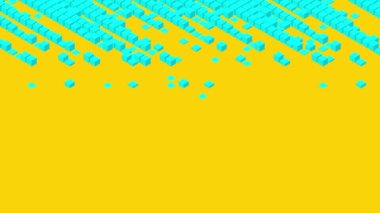 Küp kutusu 3d sanal izometrik shuffle dalga deseni, Blockchain teknolojisi konsept tasarım illüstrasyon sarı arka plan animasyon 4k mavi renk, kopya alanı ile 
