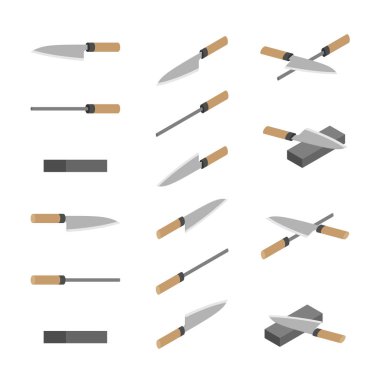 Japanese or Chinese Knives, whetstone and sharpener 3D isometric, Sharpen Kitchen knife utensils concept poster and banner design illustration isolated on white background with space, vector eps 10 clipart