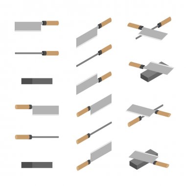 Japon veya Çin bıçakları, Whetstone ve kalemtıraş 3D izometrik, keskinleştirme mutfak bıçak eşyaları kavramı poster ve banner tasarım illüstrasyon izole beyaz arka plan alanı ile, vektör EPS 10