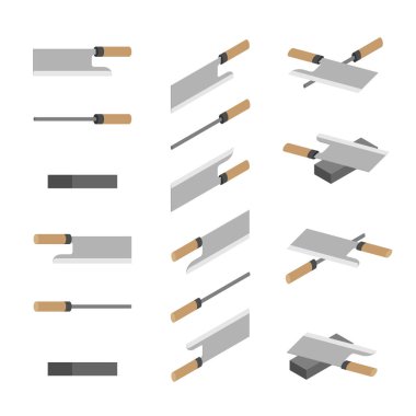 Japanese or Chinese Knives, whetstone and sharpener 3D isometric, Sharpen Kitchen knife utensils concept poster and banner design illustration isolated on white background with space, vector eps 10 clipart