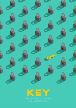 Kilit ve anahtar 3D izometrik desen, şifre kilidini kavramı poster ve afiş dikey tasarım illüstrasyon izole mavi arka plan ile kopya alanı, vektör EPS 10