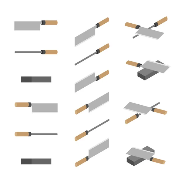 Japán vagy kínai kések, Whetstone és hegyező 3D izometrikus, élesítés konyhai kés eszközök koncepció poszter és banner design illusztráció izolált fehér háttérrel tér, vektor EPS 10 — Stock Vector