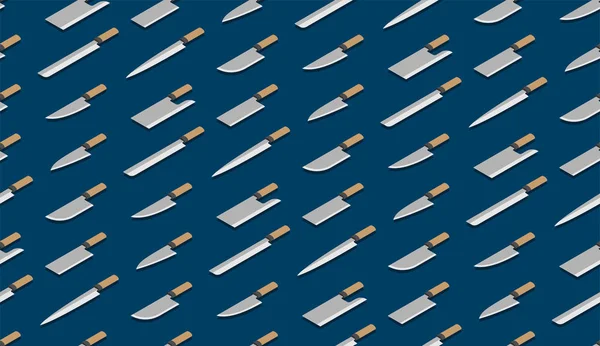 Ιαπωνικά ή κινέζικα μαχαίρια 3D ισομετρική απρόσκοπτη μοτίβο, κουζίνα κουζινών εργαλεία αφίσα ιδέα και απεικόνιση σχεδιασμού banner απομονώνεται σε μπλε φόντο, διάνυσμα EPS 10 — Διανυσματικό Αρχείο