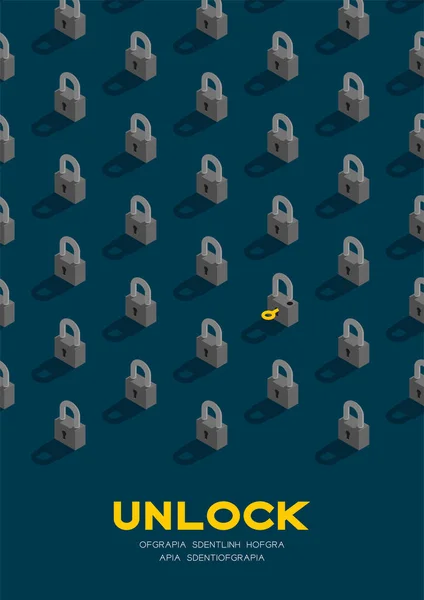 Lock and key 3D isometric pattern, Password unlock concept poster and banner vertical design illustration isolated on blue background with copy space, vector eps 10 — Stock Vector