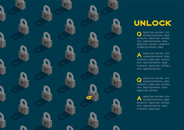 Lock and key 3D isometric pattern, Password unlock concept poster and banner horizontal design illustration isolated on blue background with copy space, vector eps 10 — Stock Vector