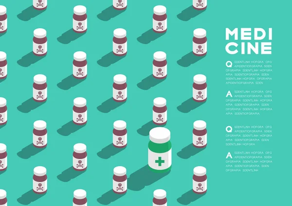 Medicine bottle 3D isometric pattern, Danger expired concept poster and banner horizontal design illustration isolated on green background with copy space, vector eps 10 — Stock Vector