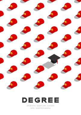 Yarı zamanlı iş kadrosu kap 3d izometrik desenli lisansüstü kap veya harç tahtası, Eğitimin önemi kavram afişi ve beyaz arka plan üzerine izole afiş dikey tasarım illüstrasyon, vektör