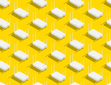 Yönlendirici online 3d izometrik dikişsiz desen, Internet wifi connect teknoloji konsept afişi ve sosyal afiş sonrası tasarım illüstrasyon kopya alanı ile sarı arka plan izole, vektör eps 10