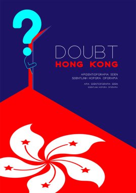 Adam pictogram ve soru işareti izometrik Hong Kong bayrak deseni ile karanlık oda için kapıyı açmak, protesto iade yasal afiş ve mavi arka plan, vektör üzerinde sosyal afiş tasarım illüstrasyon