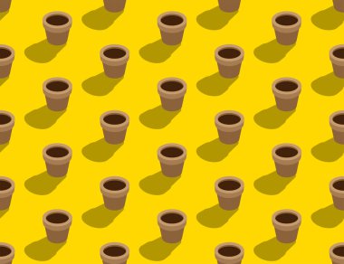 Bahçe bitki pot 3d izometrik dikişsiz desen, Koruma çevre kavramı afiş ve afiş kare tasarım illüstrasyon kopya alanı ile sarı arka plan izole, vektör eps 10