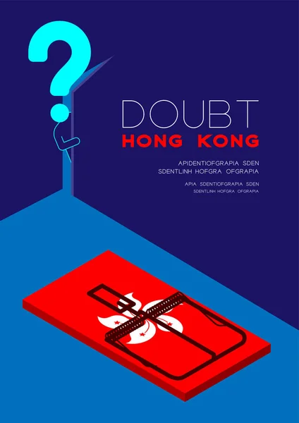 Adam pictogram ve soru işareti izometrik Mousetrap Hong Kong bayrak deseni ile karanlık oda için kapıyı açmak, Protesto iade yasal afiş ve mavi arka plan üzerinde sosyal afiş tasarım illüstrasyon — Stok Vektör
