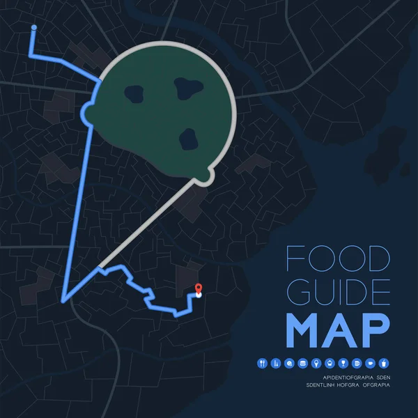 Φαγητό και επιδόρπιο οδηγός κατεύθυνση Χάρτης ταξίδι με την έννοια της εικόνας, παγωτό Scoop σχήμα κώνου αφίσα και κοινωνική banner post σχεδιασμό σε νυχτερινή λειτουργία εικόνα απομονωθεί σε γκρίζο φόντο, διάνυσμα EPS 10 — Διανυσματικό Αρχείο