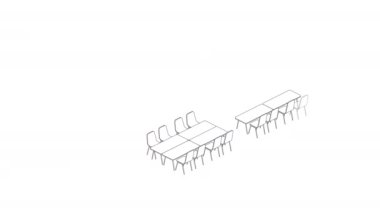 Toplantı odası düzenleme düzeni şölen biçimi, beyaz arkaplan animasyonu 4k üzerinde üç boyutlu izometrik konsept tasarım çizimi, mat alfa kanalı ile kopyalama alanı