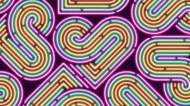 Kalp neon çizgi aydınlatma deseni renkli, teknoloji ağı dijital veri transferi, Sevgililer Günü konsept tasarımı, siyah arka planda parlayan dikişsiz animasyon 4k