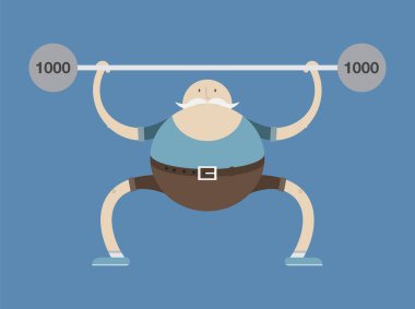 Yaşlı adam nişanlı halter, adam ve halter, vektör görüntü, düz tasarım, çizgi film karakteri