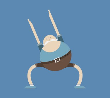 Yaşlı adam yapıyor spor, sabah egzersizleri, vektör görüntü, düz tasarım, çizgi film karakteri