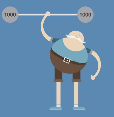 Yaşlı adam nişanlı halter, adam ve halter, vektör görüntü, düz tasarım, çizgi film karakteri