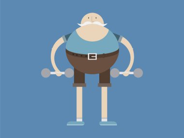 Yaşlı adam nişanlı halter, adam ve halter, vektör görüntü, düz tasarım, çizgi film karakteri