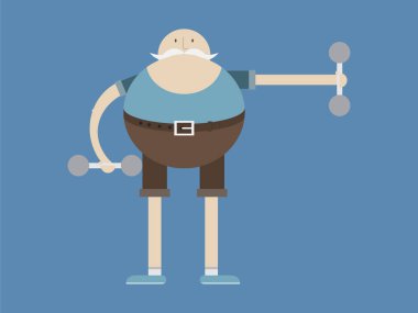 Yaşlı adam nişanlı halter, adam ve halter, vektör görüntü, düz tasarım, çizgi film karakteri